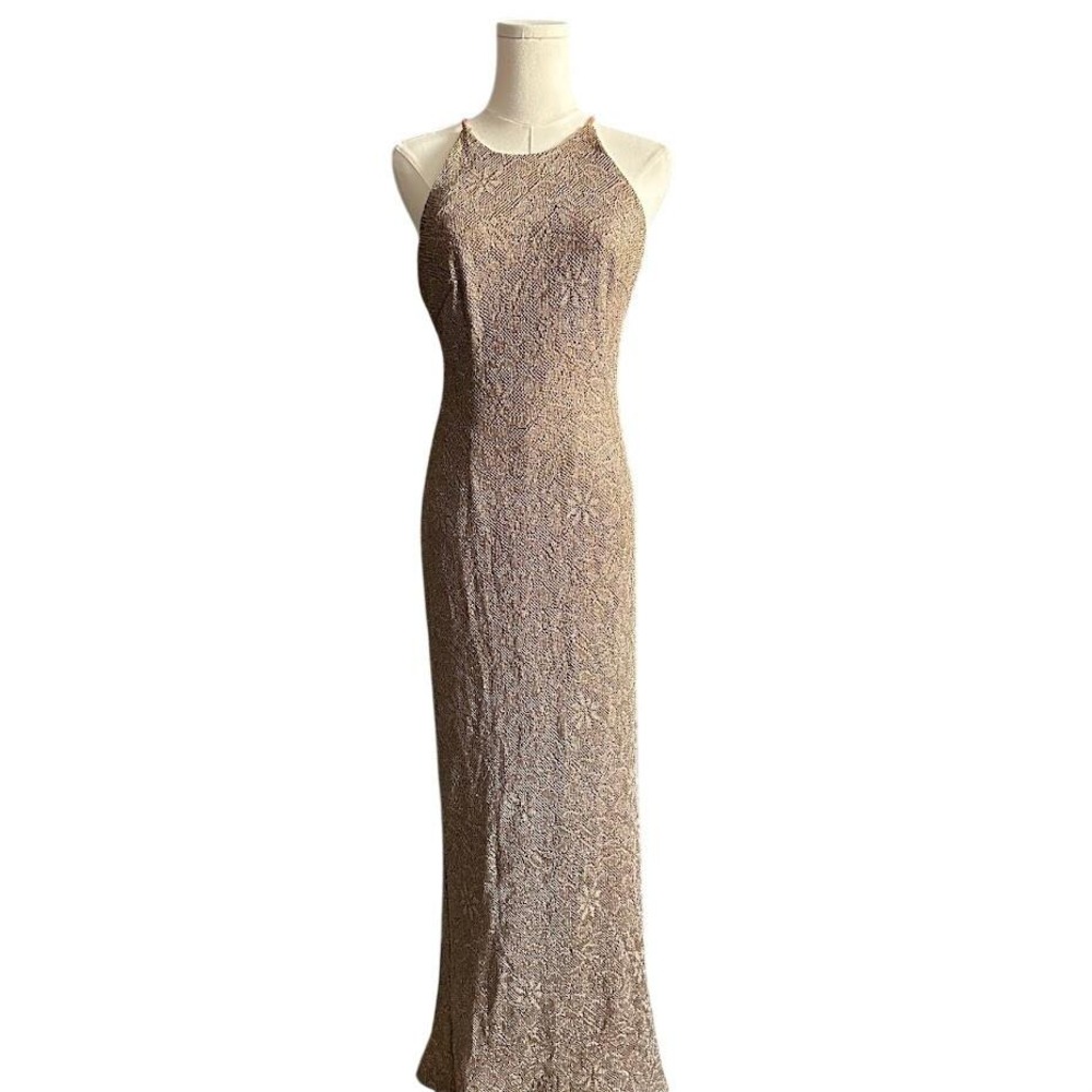 Vintage Onyx Nite by Wendye Chaitin Metallic Gold Knit Maxi Gown - Size 8